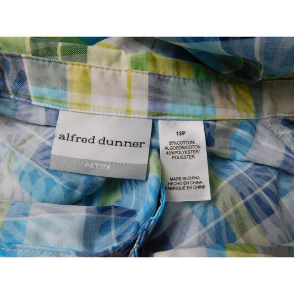 Alfred Dunner Shirt Petite 12P Blue White Plaid 3/4 Long Sleeve Button Down - Picture 5 of 7